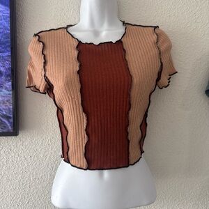 SHEIN Ribbed Colorblock Crop Top - Tan and Brown